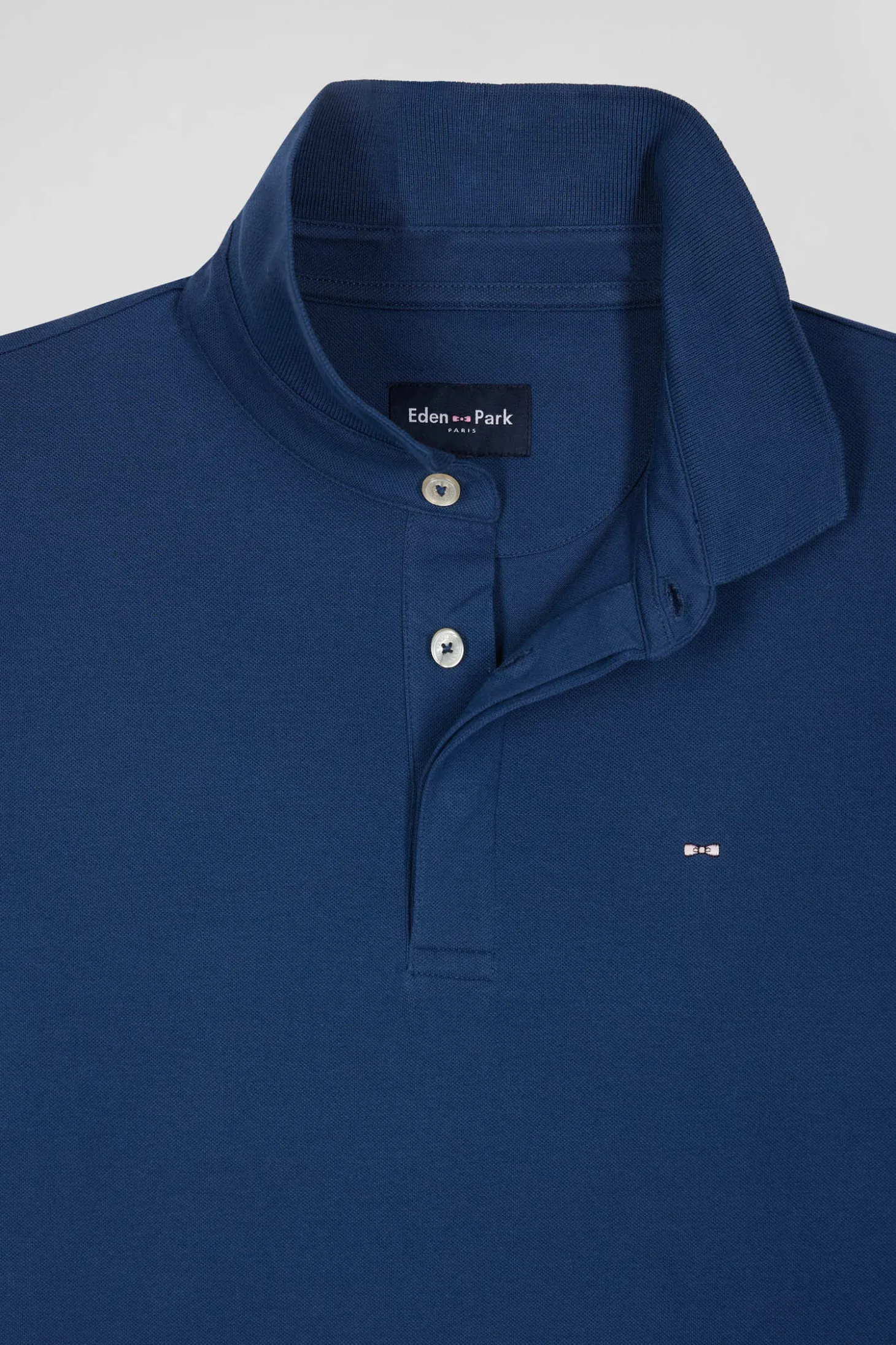 Slim dark blue long-sleeved cotton piqué polo shirt
