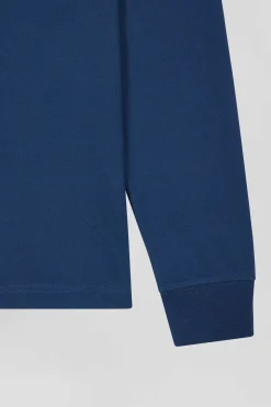Slim dark blue long-sleeved cotton piqué polo shirt