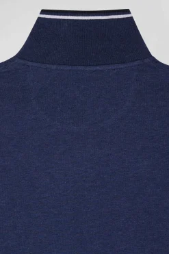 Slim dark blue long-sleeved stretch cotton polo shirt with striped finishes