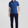Slim dark blue short-sleeved stretch cotton polo shirt