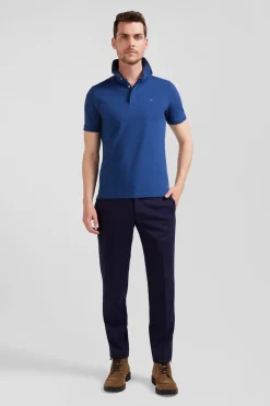 Slim dark blue short-sleeved stretch cotton polo shirt