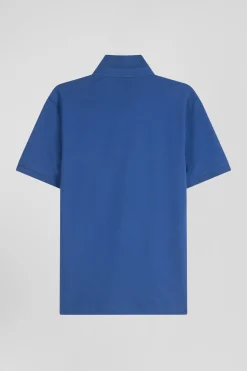 Slim dark blue short-sleeved stretch cotton polo shirt