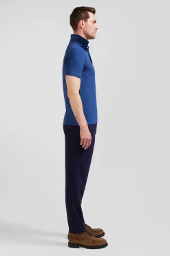 Slim dark blue short-sleeved stretch cotton polo shirt