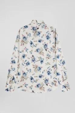 Slim ecru floral print cotton shirt