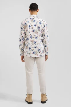 Slim ecru floral print cotton shirt