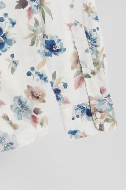 Slim ecru floral print cotton shirt