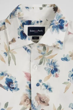 Slim ecru floral print cotton shirt