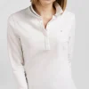Slim ecru long-sleeved stretch cotton polo shirt with striped collar