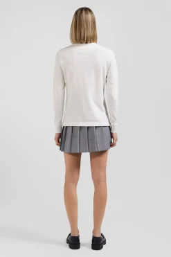 Slim ecru long-sleeved stretch cotton polo shirt with striped collar