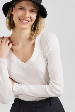 Slim ecru long-sleeved V-neck cotton T-shirt