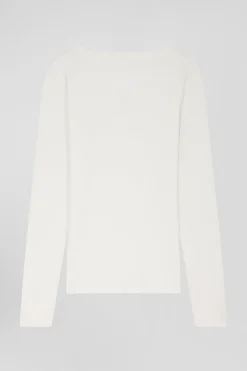Slim ecru long-sleeved V-neck cotton T-shirt