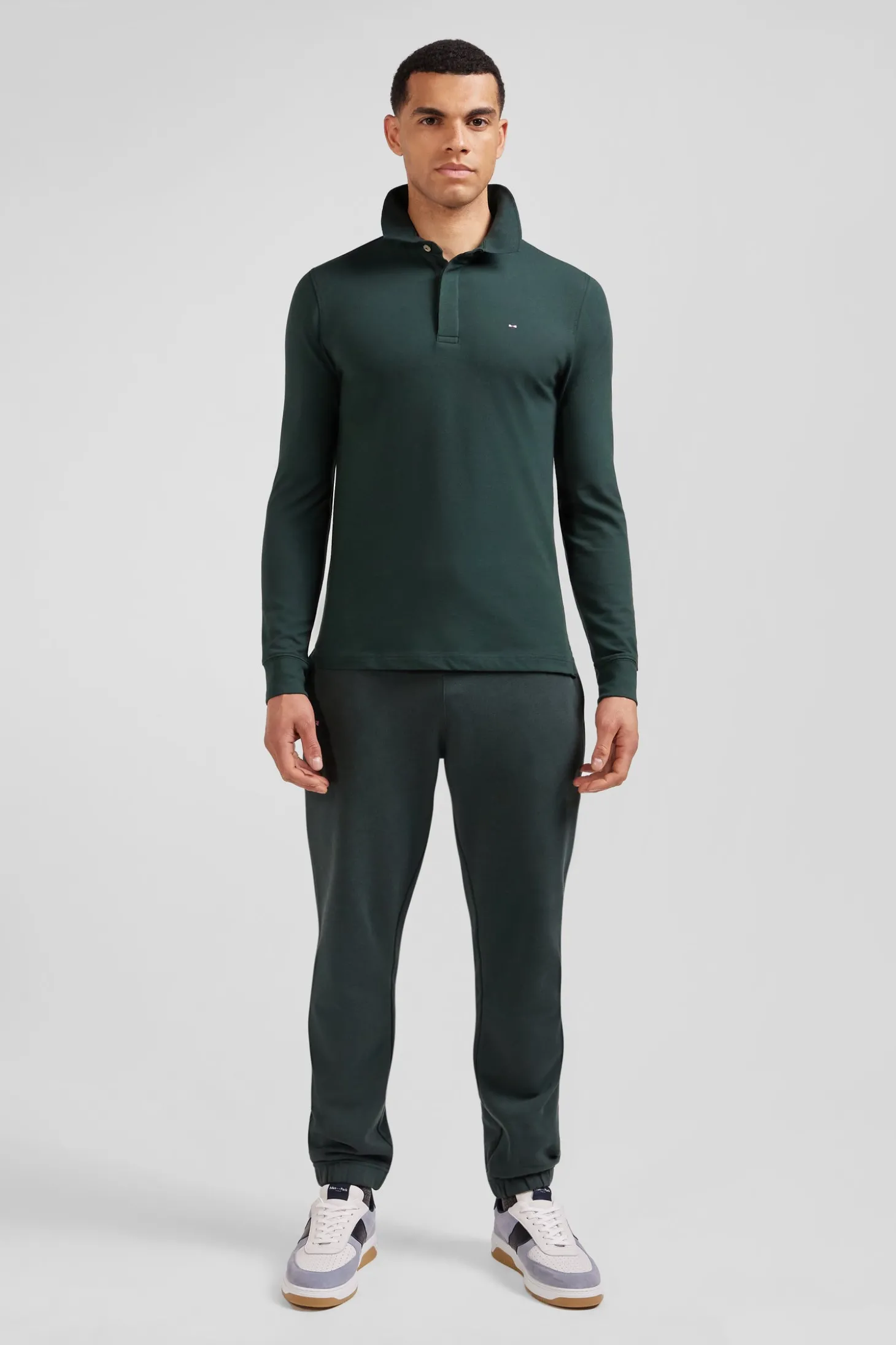 Slim green long-sleeved cotton piqué polo shirt