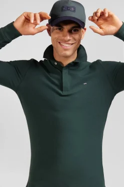Slim green long-sleeved cotton piqué polo shirt