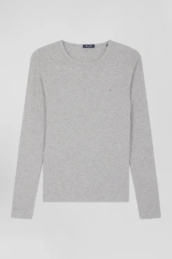 Slim grey long-sleeved round neck cotton T-shirt