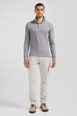 Slim grey long-sleeved stretch cotton polo shirt with striped finishes