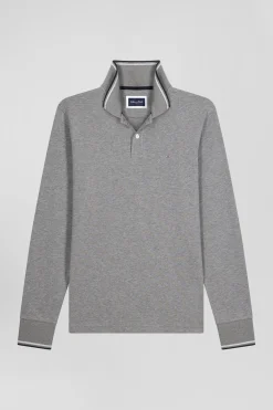 Slim grey long-sleeved stretch cotton polo shirt with striped finishes