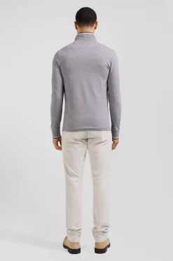 Slim grey long-sleeved stretch cotton polo shirt with striped finishes
