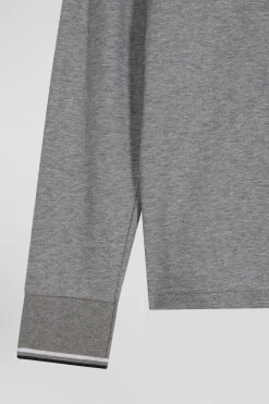 Slim grey long-sleeved stretch cotton polo shirt with striped finishes