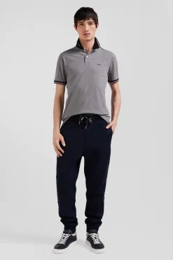 Slim grey short-sleeved stretch cotton polo shirt with Eden Park jacquard collar
