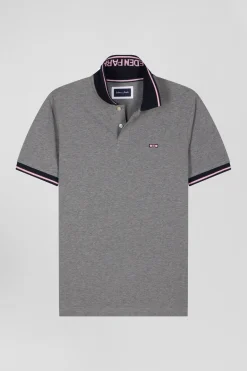 Slim grey short-sleeved stretch cotton polo shirt with Eden Park jacquard collar