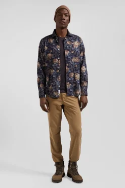 Slim navy blue floral print cotton flannel shirt