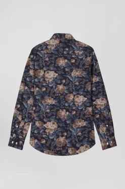 Slim navy blue floral print cotton flannel shirt