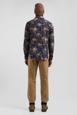 Slim navy blue floral print cotton flannel shirt