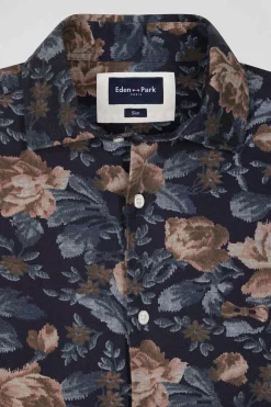 Slim navy blue floral print cotton flannel shirt