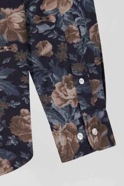 Slim navy blue floral print cotton flannel shirt