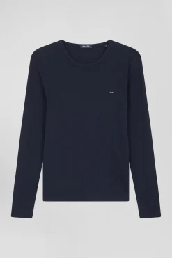 Slim navy blue long-sleeved round neck cotton T-shirt