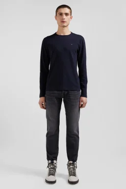 Slim navy blue long-sleeved cotton T-shirt