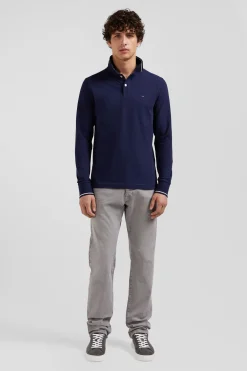 Slim navy blue long-sleeved stretch cotton polo shirt with striped finishes