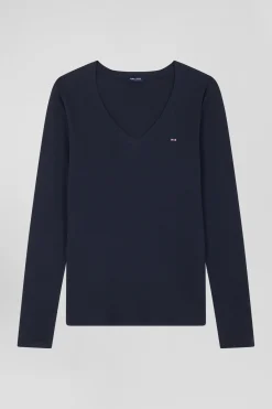 Slim navy blue long-sleeved V-neck cotton T-shirt