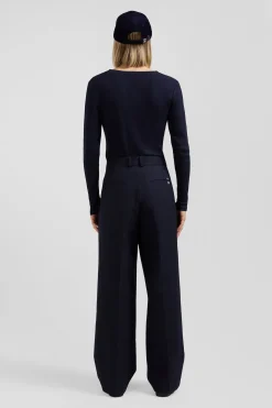 Slim navy blue long-sleeved V-neck cotton T-shirt