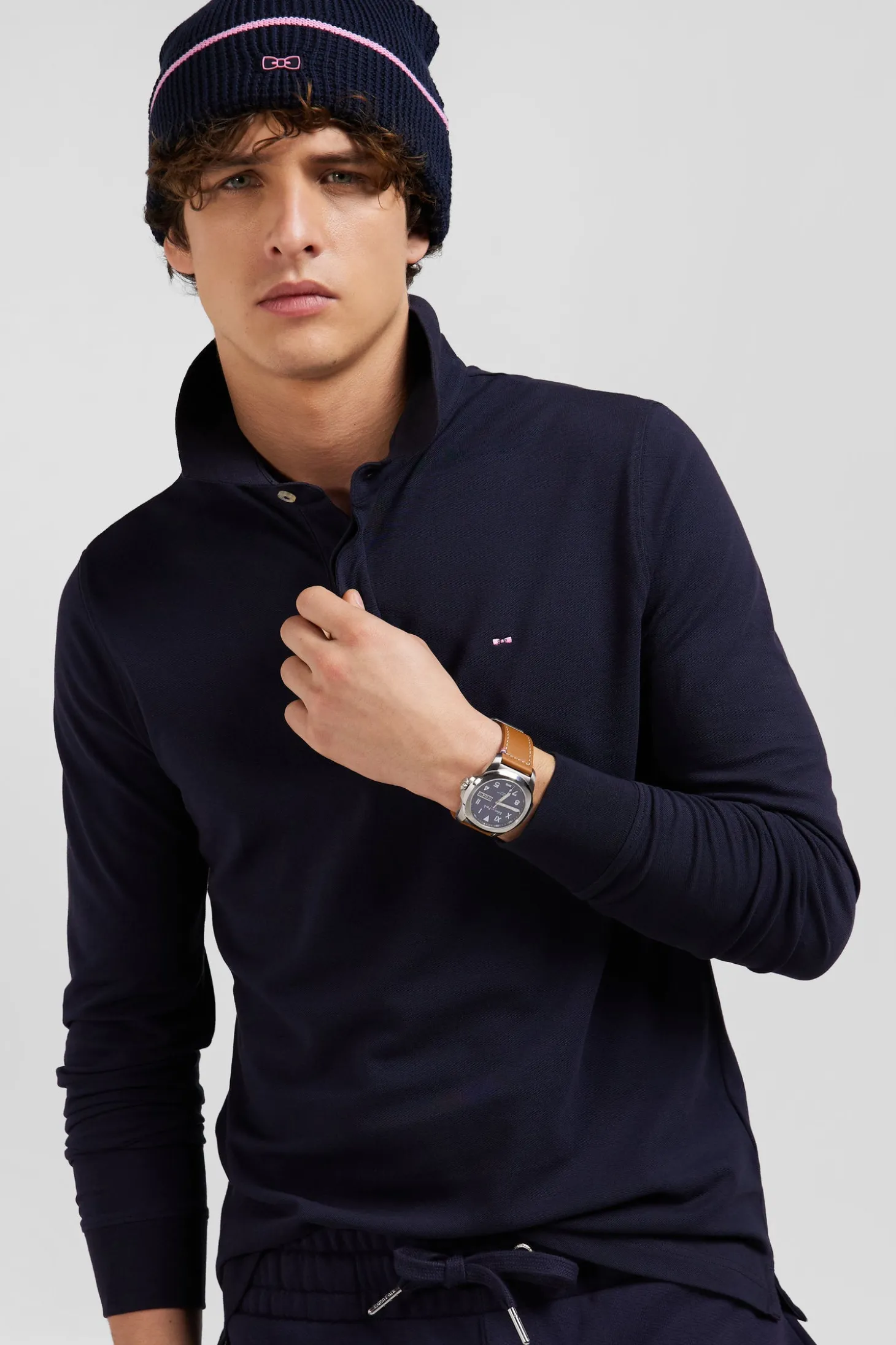 Slim navy blue long-sleeved cotton piqué polo shirt