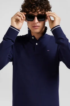 Slim navy blue long-sleeved stretch cotton polo shirt with striped finishes