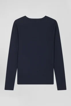Slim navy blue long-sleeved V-neck cotton T-shirt