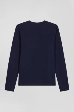 Slim navy blue long-sleeved cotton T-shirt