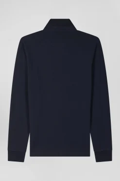 Slim navy blue long-sleeved cotton piqué polo shirt
