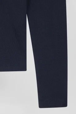 Slim navy blue long-sleeved round neck cotton T-shirt