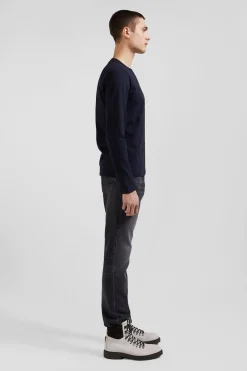 Slim navy blue long-sleeved cotton T-shirt