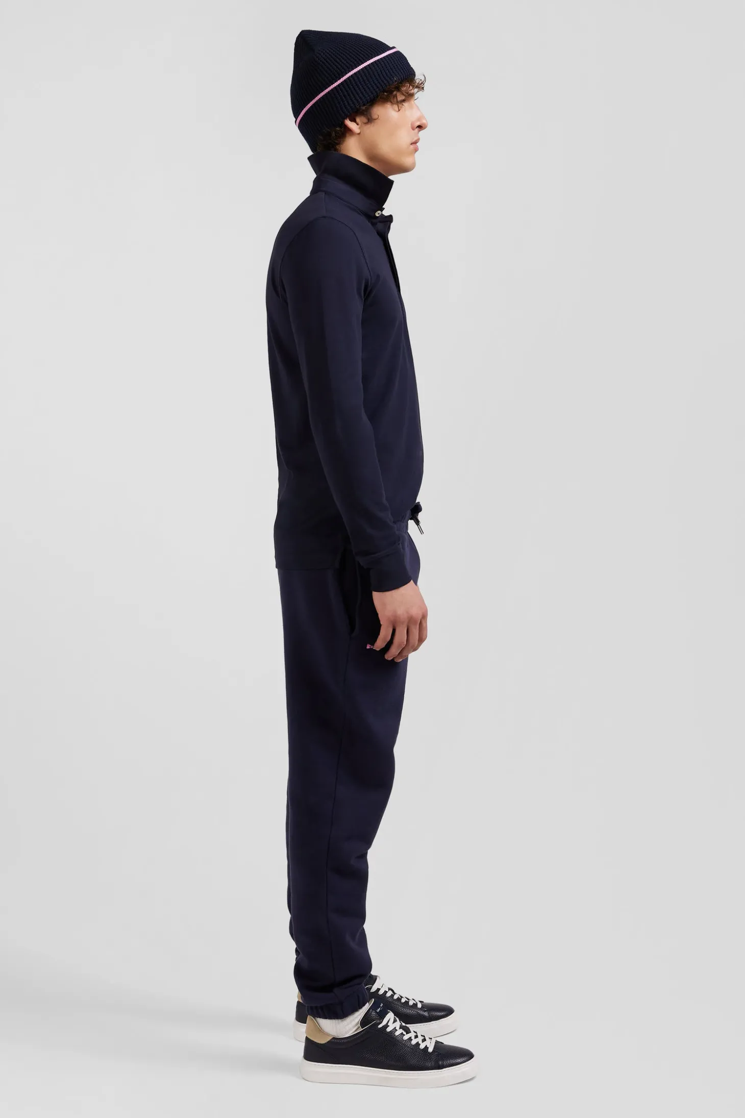 Slim navy blue long-sleeved cotton piqué polo shirt