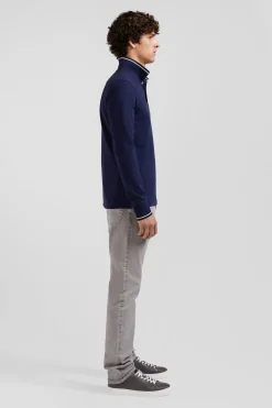 Slim navy blue long-sleeved stretch cotton polo shirt with striped finishes