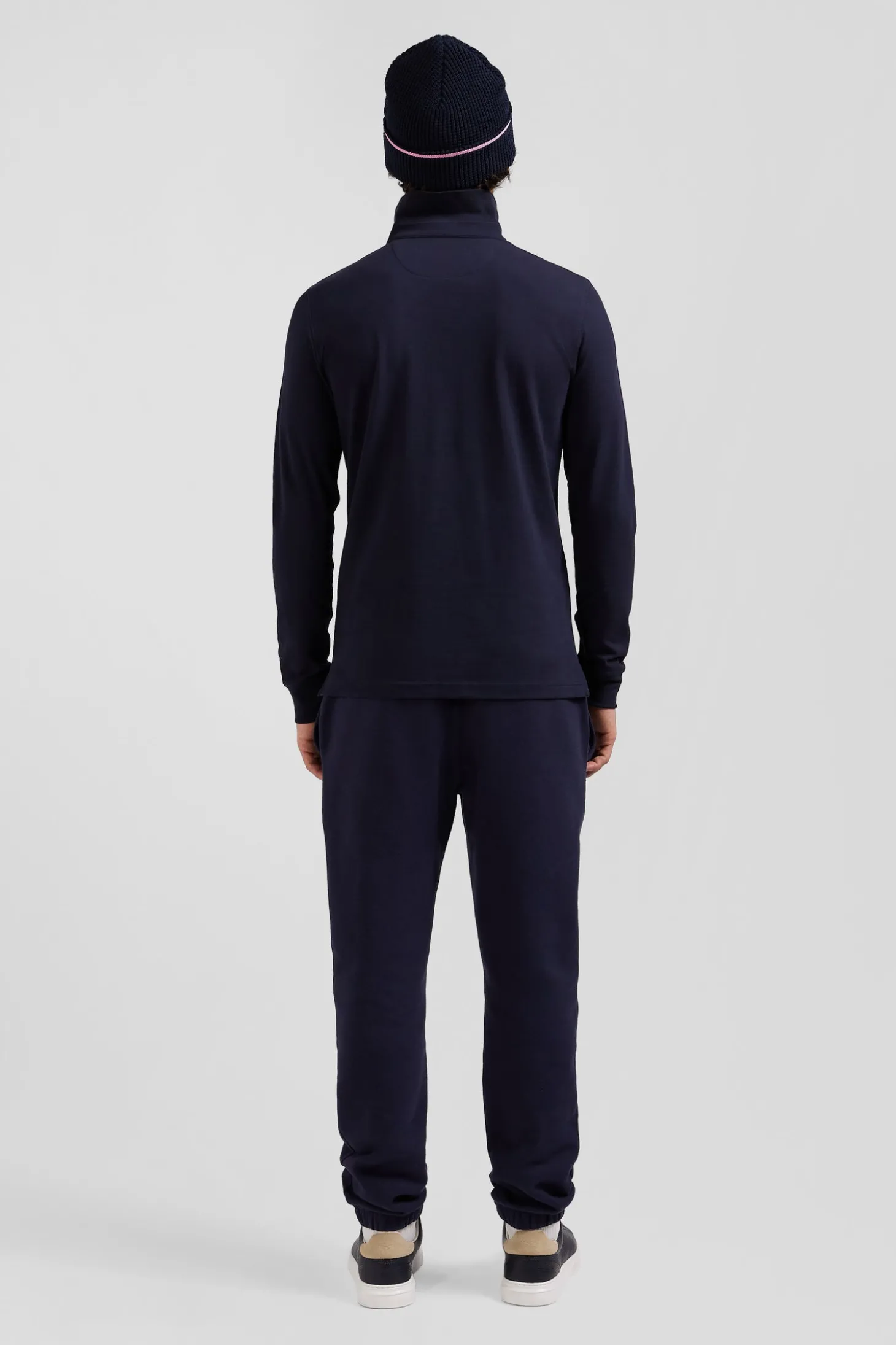 Slim navy blue long-sleeved cotton piqué polo shirt