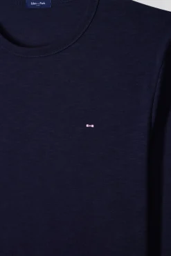 Slim navy blue long-sleeved cotton T-shirt