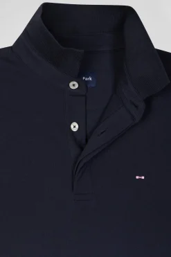 Slim navy blue long-sleeved cotton piqué polo shirt