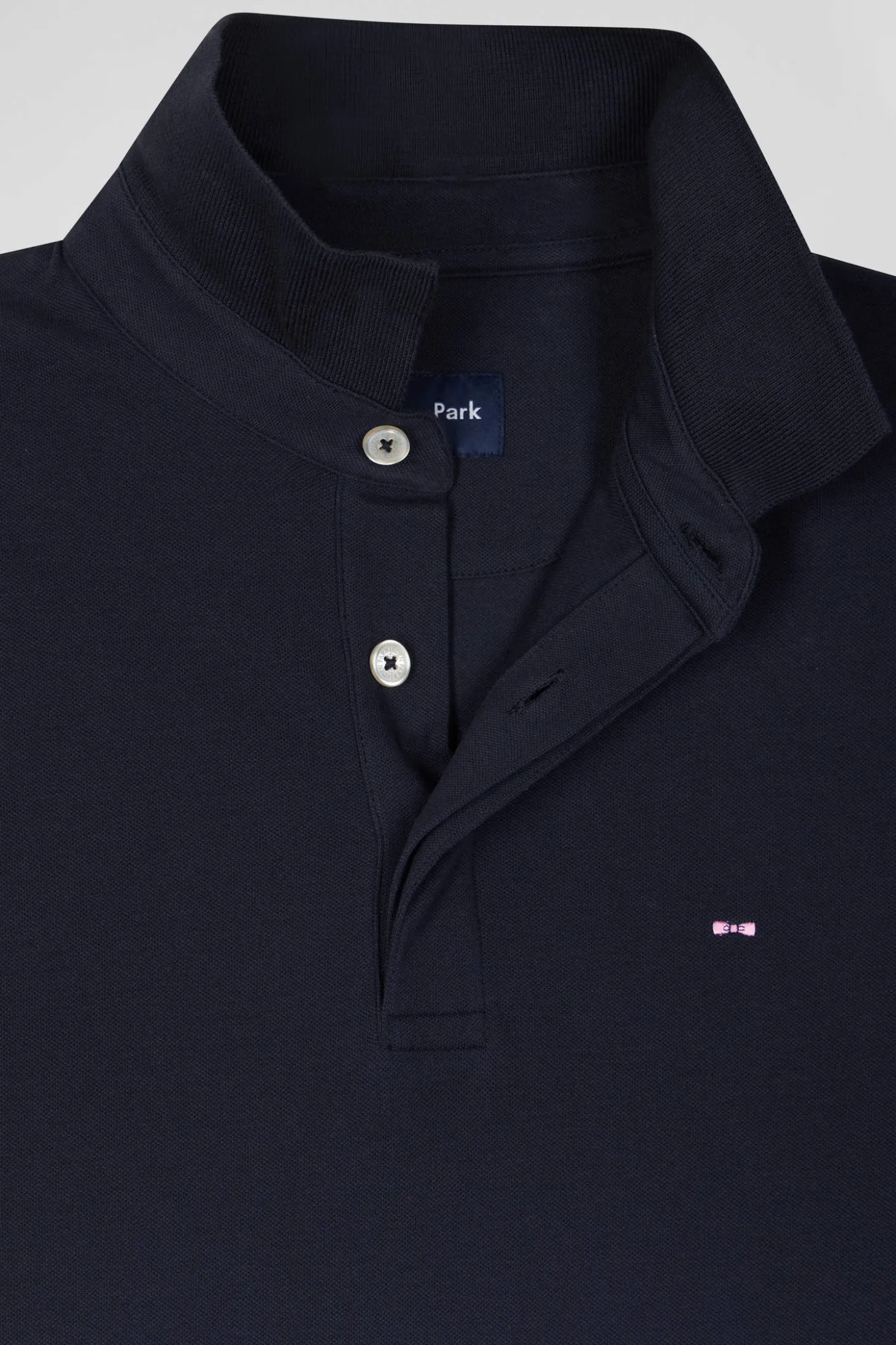 Slim navy blue long-sleeved cotton piqué polo shirt