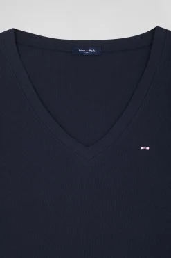 Slim navy blue long-sleeved V-neck cotton T-shirt