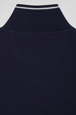 Slim navy blue long-sleeved stretch cotton polo shirt with striped finishes