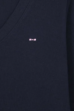 Slim navy blue long-sleeved V-neck cotton T-shirt